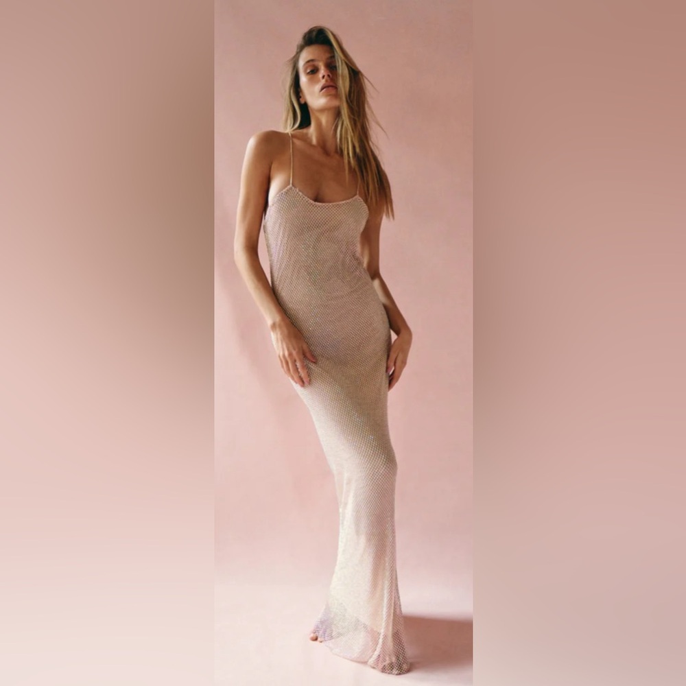 LoveShackFancy Calvert Diamonte-Embellished Mesh Slipdress Size 0